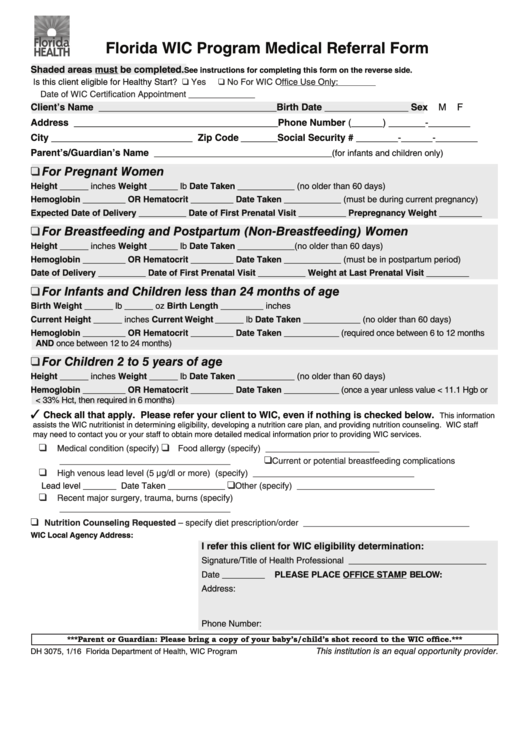 Dh Form 3075 - Florida Wic Program Medical Referral Form Printable pdf