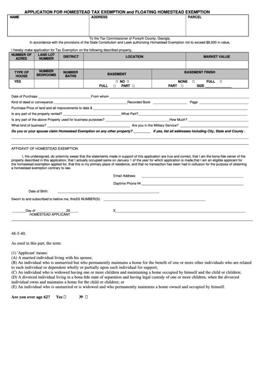 Application For Homestead Tax Exemption And Floating Homestead Exemption Form Printable pdf