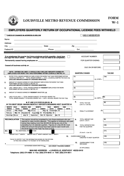 Form W-1 - Employers Quarterly Return Of Occupational License Fees Withheld Printable pdf