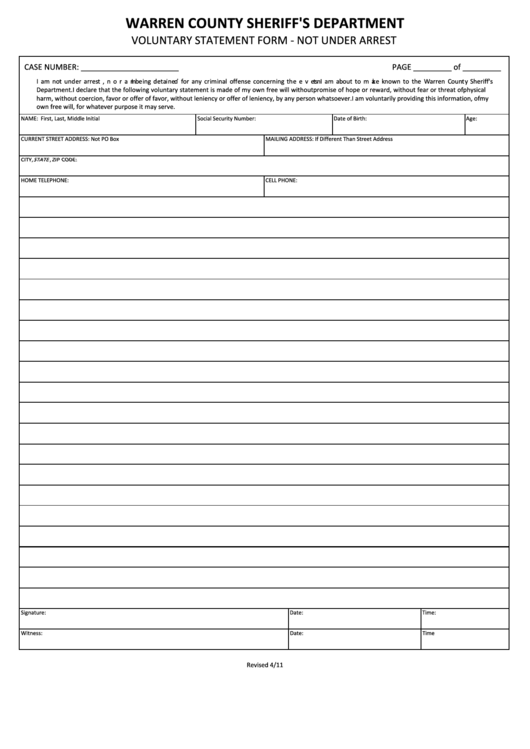 Volunatary Statement Form - Not Under Arrest - Warren County Printable pdf