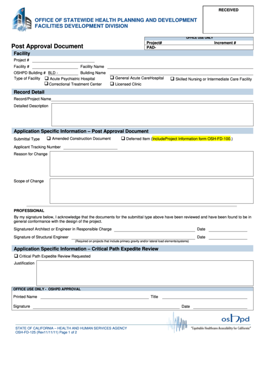 Fillable Form Osh-Fd-125 Post Approval Document Printable pdf