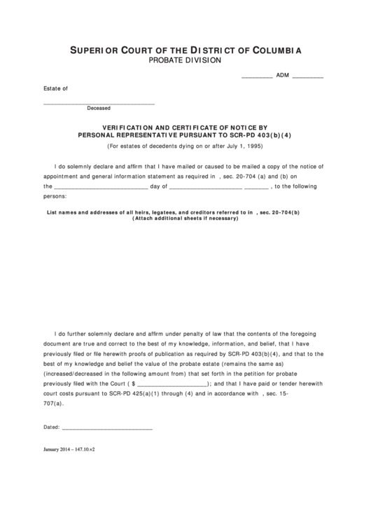 Verification And Certificate Of Notice By Personal Representative Pursuant To Scr-pd 403(b)(4) Form
