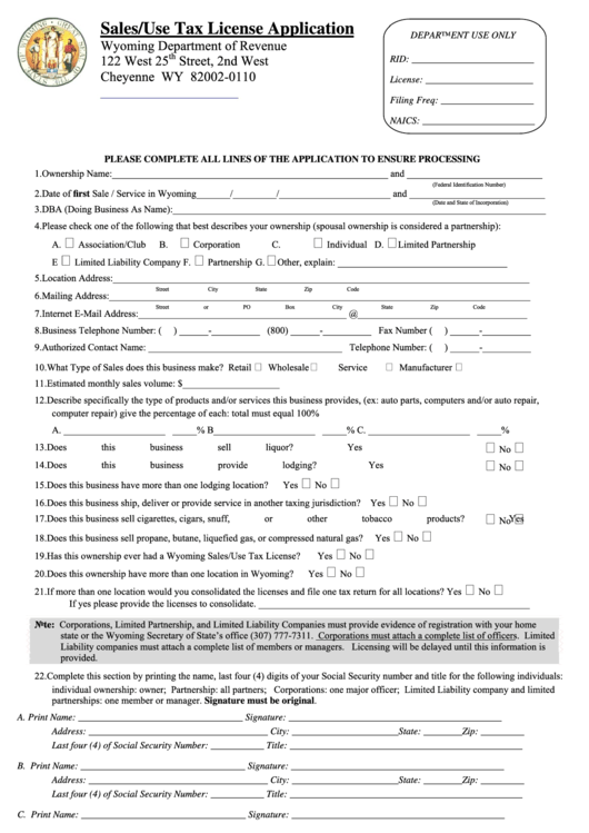 Form 001 Sales/use Tax License Application - Wyoming Department Of Revenue Printable pdf