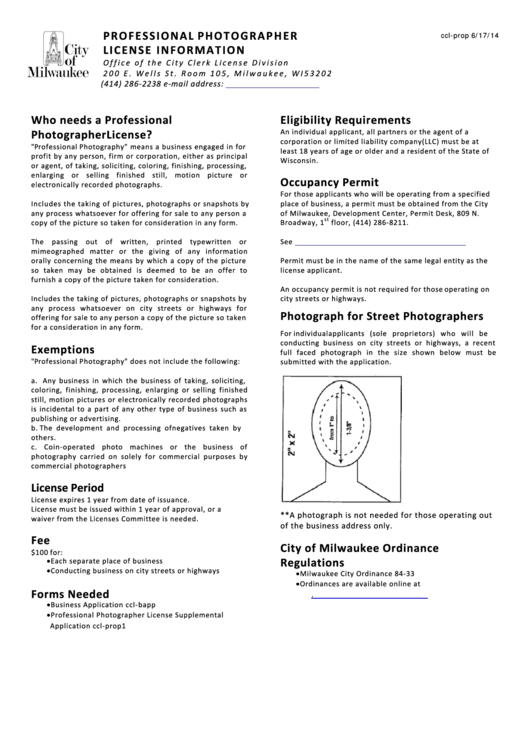 Prof Essional Photographer License Supplemental Application Form - Milwaukee, Wi Printable pdf