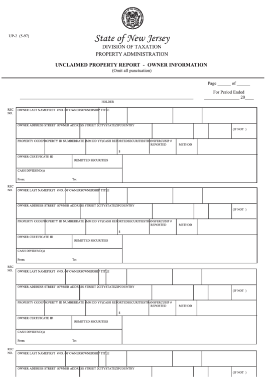 Fillable Form Up-2 - Unclaimed Property Report - Owner Information Printable pdf