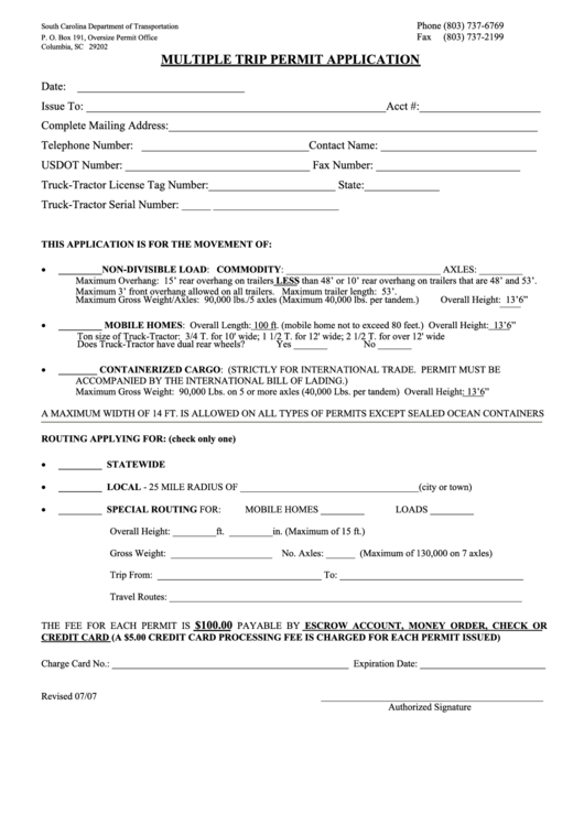 Multiple Trip Permit Application Form - Southcarolinadepartmentoftransportation Printable pdf