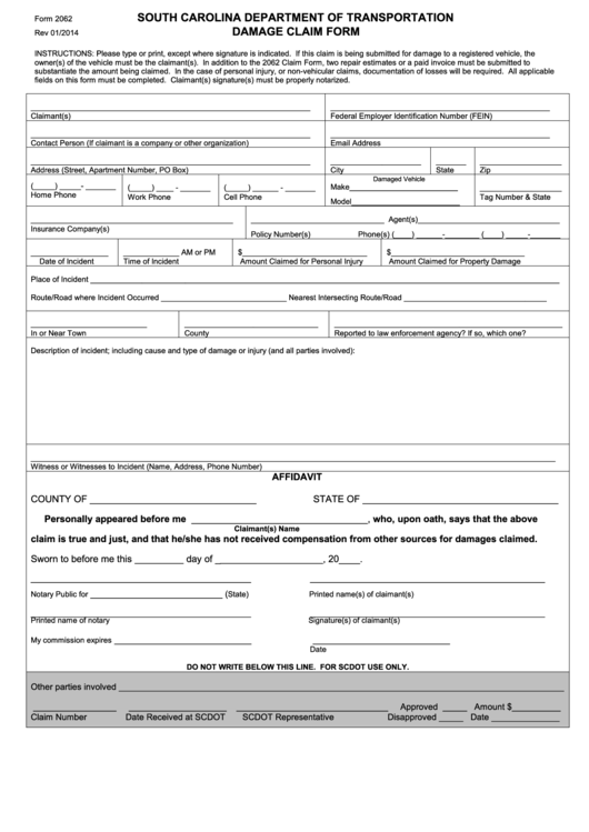 Form 2062 - Damage Claim Form - South Carolina Department Of Transportation Printable pdf