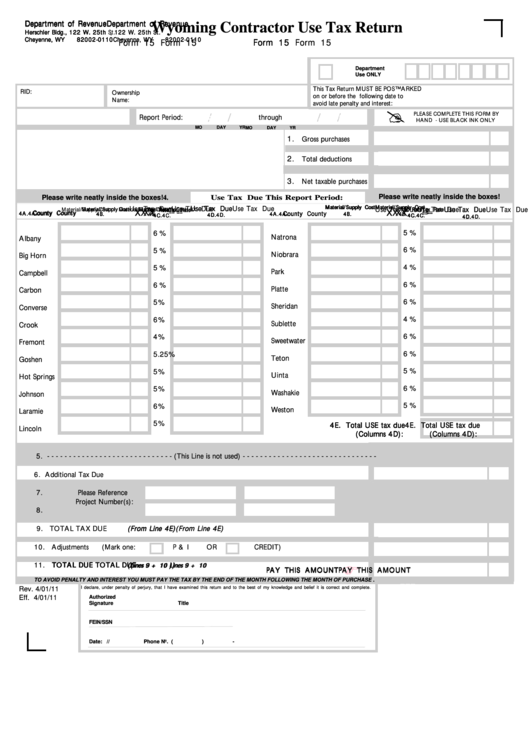 Form 15 - Wyoming Contractor Use Tax Return - 2011 Printable pdf