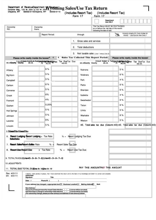 Form 17 - Wyoming Sales/use Tax Return - 2011 Printable pdf