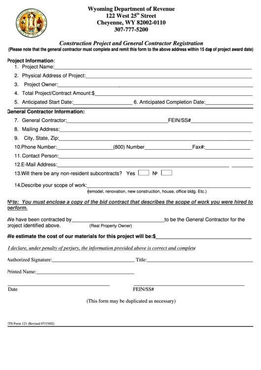 Ets Form 121 - Construction Project And General Contractor Registration Printable pdf