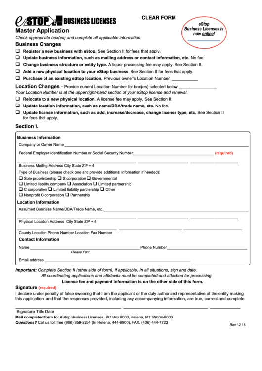 Fillable Business Licenses Master Application Form - Estop Business Licenses Printable pdf