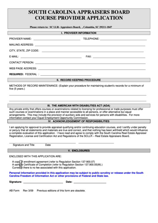 Course Provider Application Form - South Carolina Appraisers Board Printable pdf