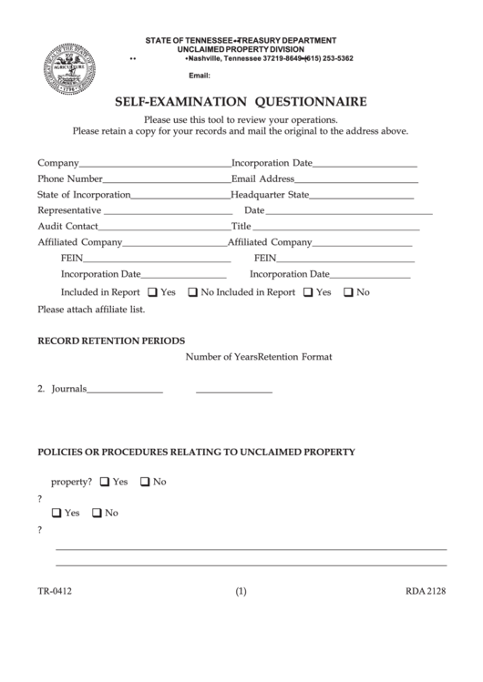 Fillable Form Tr-0412 - Self-Examination Questionnaire Printable pdf