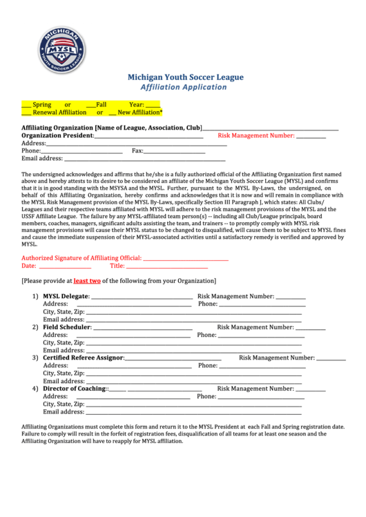 Michigan Youth Soccer League Affiliation Application Form Printable pdf