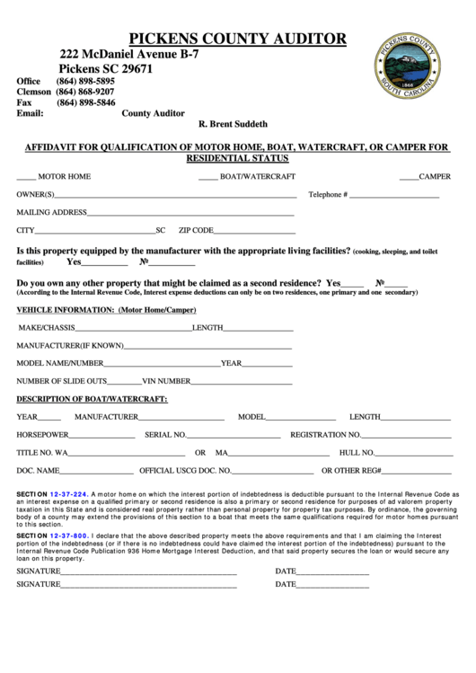 Affidavit For Qualification Of Motor Home, Boat, Watercraft, Or Camper For Residential Status Form - Pickens County Auditor Printable pdf