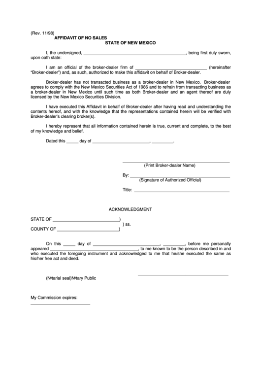 Affidavit Of No Sales Form Printable pdf