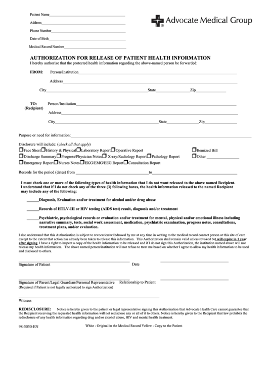 Authorization For Release Of Patient Health Information Form Printable pdf