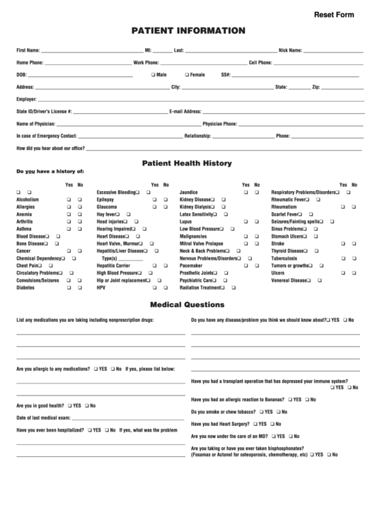 Fillable Patient Information Form Printable pdf