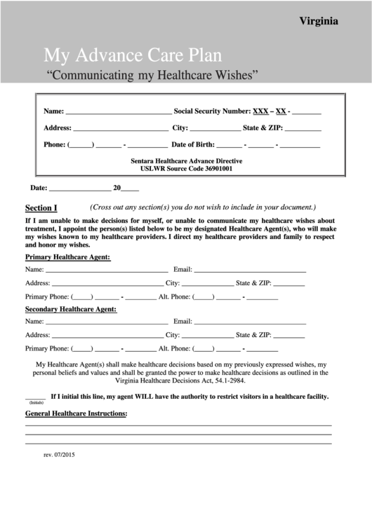 Fillable My Advance Care Plan Form Printable pdf