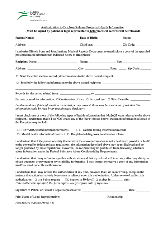Authorization To Disclose/release Protected Health Information Form Printable pdf