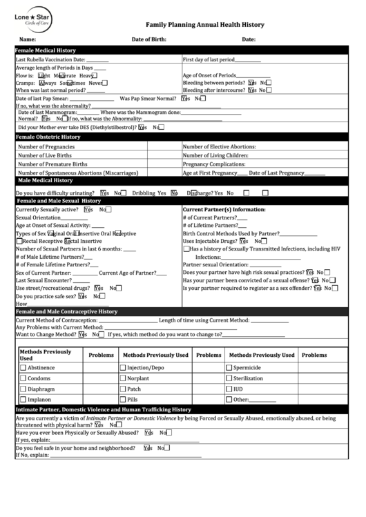 Family Planning Annual Health History Form Printable pdf