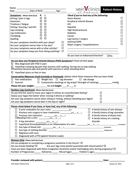 Patient History Form Printable pdf