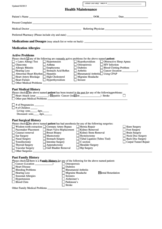 Health Maintenance Form Printable pdf
