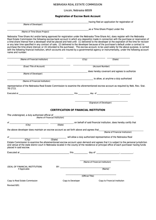 Registration Of Escrow Bank Account Form Printable pdf