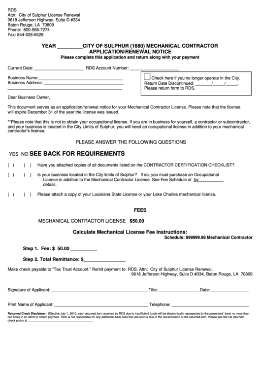 Mechanical Contractor Application/renewal Notice - City Of Sulphur Printable pdf