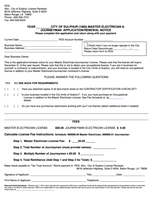 Master Electrician & Journeyman Application/renewal Notice - City Of Sulphur Printable pdf