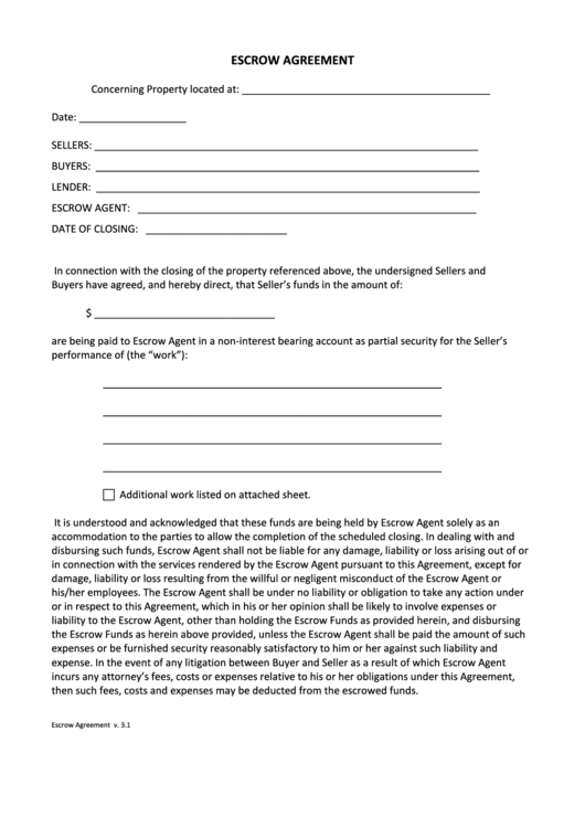 Fillable Escrow Agreement Form Printable pdf