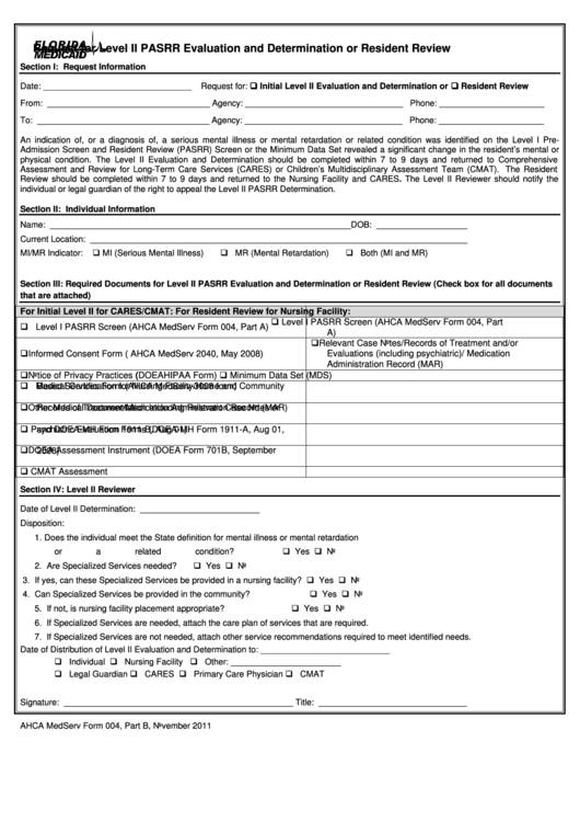 Fillable Form 004 - Request For Level Ii Pasrr Evaluation And Determination Or Resident Review Form - Florida Medicaid Printable pdf