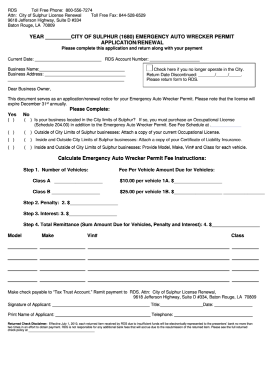Emergency Auto Wrecker Permit Application/renewal - City Of Sulphur Printable pdf
