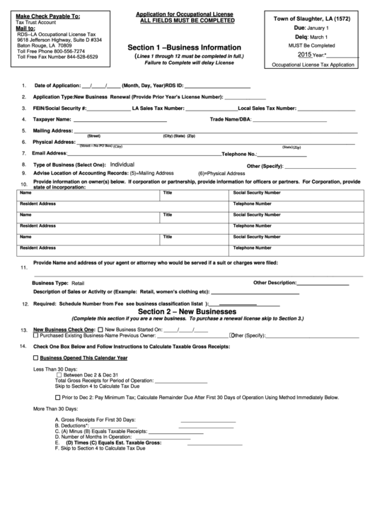 Fillable Application For Occupational License - Town Of Slaughter, La Printable pdf