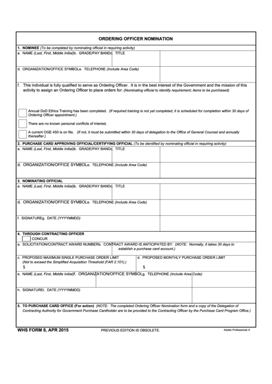 Fillable Whs Form 8, Apr 2015 - Ordering Officer Nomination Form Printable pdf