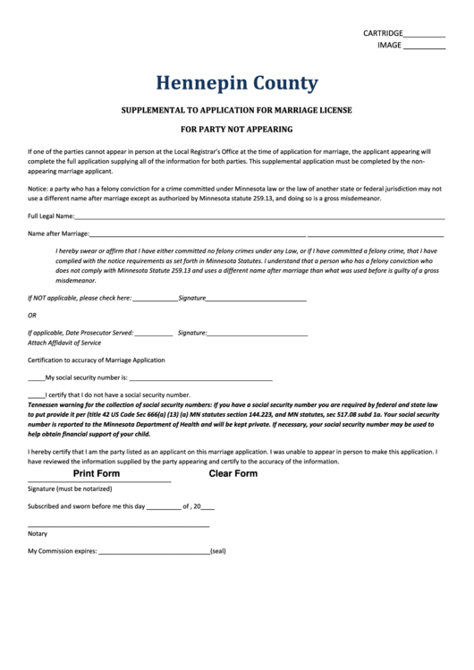 Fillable Supplemental To Application For Marriage License For Party Not Appearing Form - Hennepin County Printable pdf