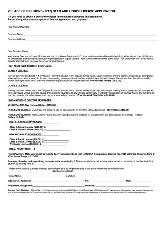 Fillable Beer And Liquor License Application Form - Village Of Richmond Printable pdf