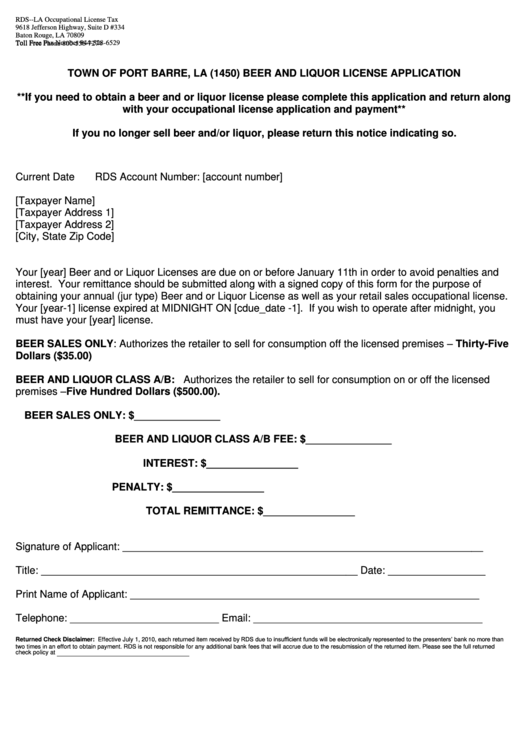 Beer And Liquor License Application Form - Town Of Port Barre, La Printable pdf