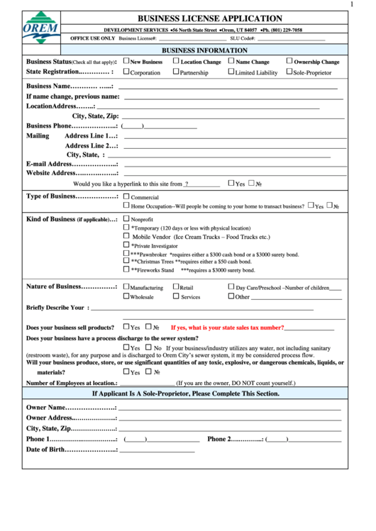 Business License Application Form - Utah Printable pdf