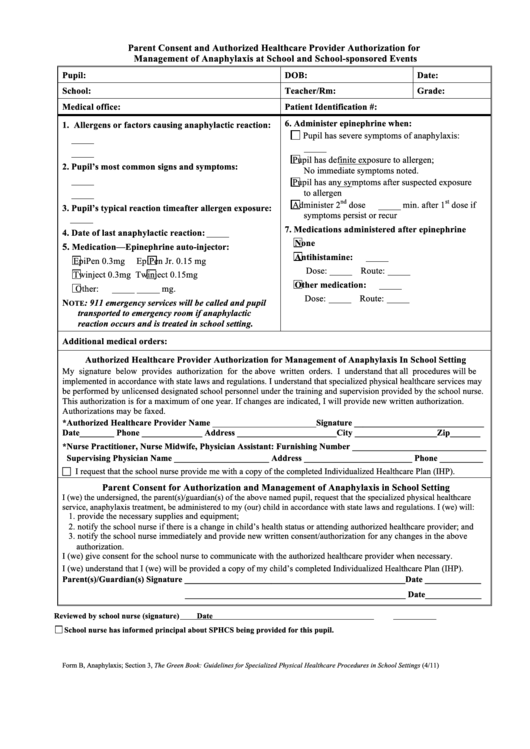 Parent Consent And Authorized Healthcare Provider Authorization For Management Of Anaphylaxis At School And School-Sponsored Events - Form Printable pdf
