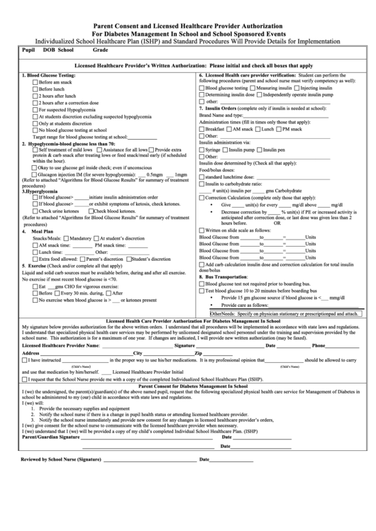 Parent Consent And Licensed Healthcare Provider Authorization For Diabetes Management In School And School Sponsored Events Form Printable pdf