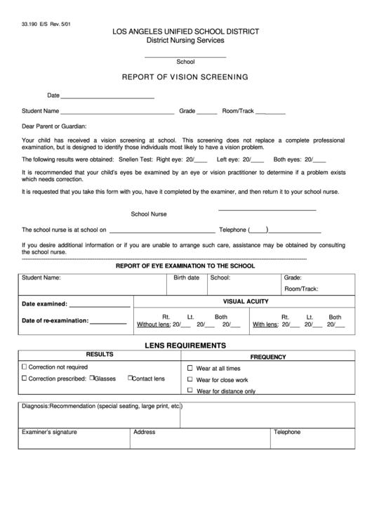 Form 33.190 - Report Of Vision Screening Form - Los Angeles
