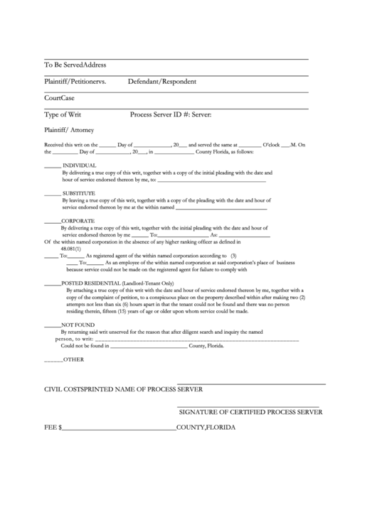 Service Return Form - Florida Printable pdf