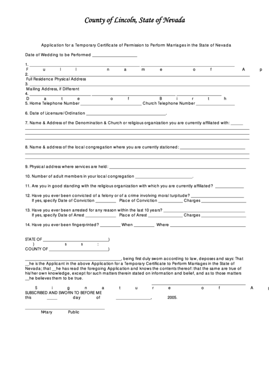 Fillable Application For A Temporary Certificate Of Permission To Perform Marriages Form - Nevada Printable pdf