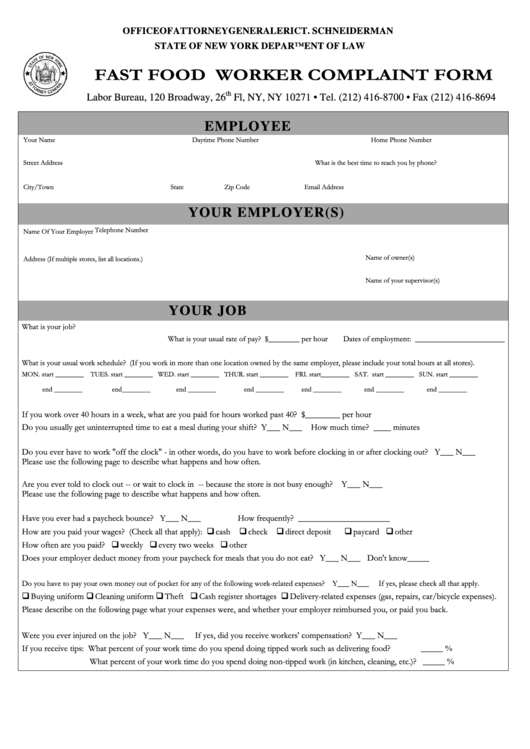 Fillable Form Lb001ff - Fast Food Worker Complaint Form Printable pdf