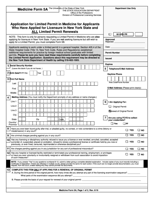 Medicine Form 5a - Application For Limited Permit In Medicine For Applicants Who Have Applied For Licensure In New York State And All Limited Permit Renewals Printable pdf