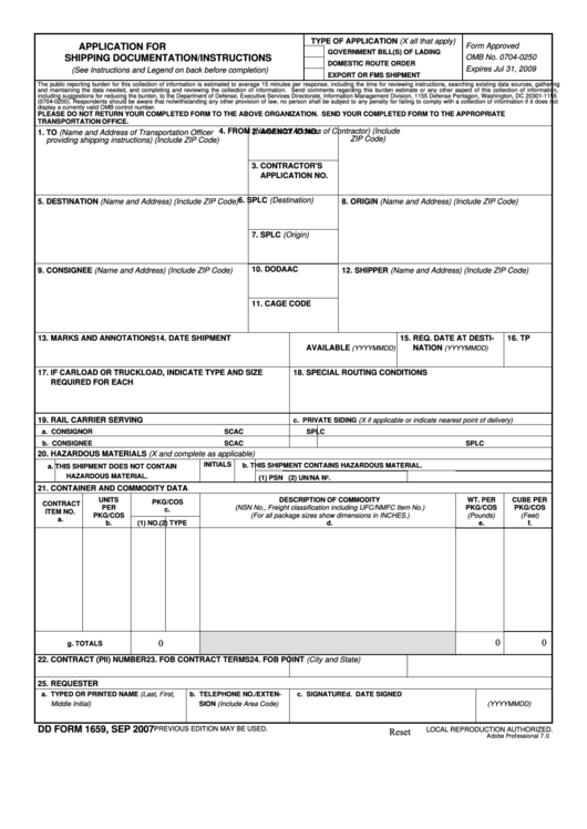 Dd Form 1659 - Application For U.s. Government Shipping Documentation/instructions Printable pdf