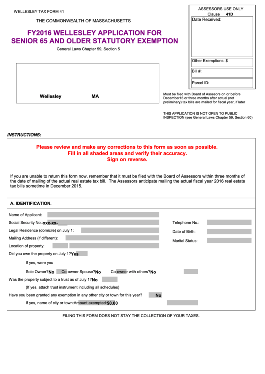 Form 41 - Fy2016 Wellesley Application For Senior 65 And Older Statutory Exemption Printable pdf
