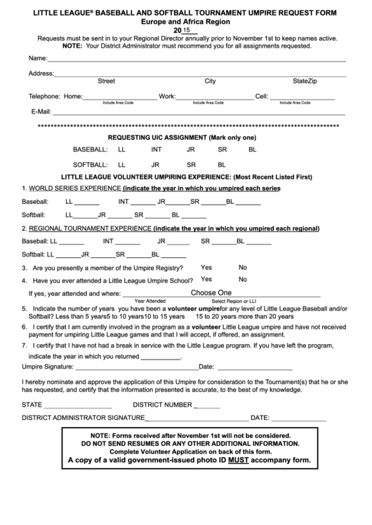 Fillable Little League Baseball And Softball Tournament Umpire Request Form Printable pdf