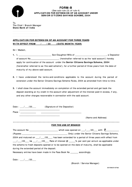Form-B Application For Extension Of An Account Under Senior Citizens Savings Scheme, 2004 Printable pdf